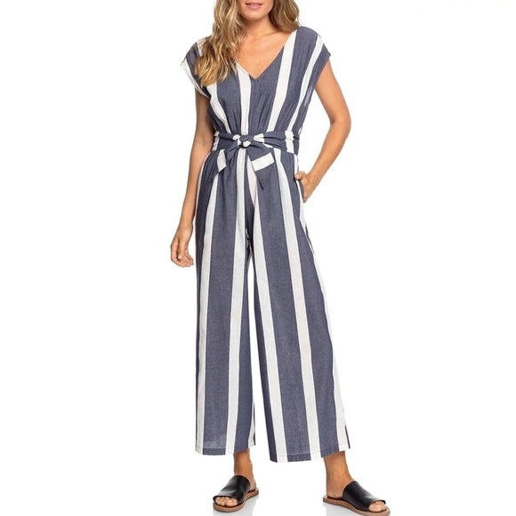 🌻ROXY "Same Old" Blues Striped Wide Leg Jumpsuit With Belt || Size Small - Picture 1 of 11